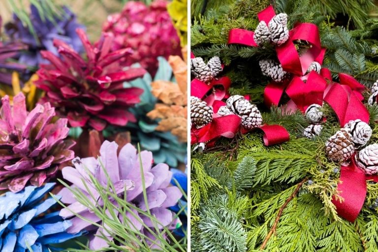 decorare l'albero di Natale con le pigne